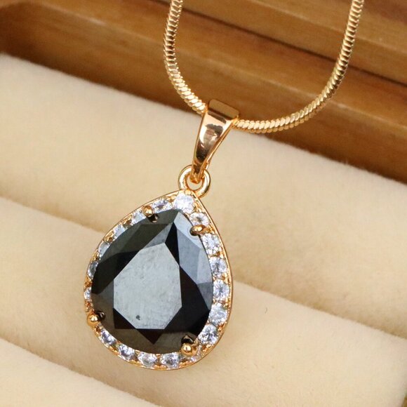 "Teardrop Black Pendant with White Crystal Border in Rose Gold Finish, XPPT1614 - Picture 1 of 13